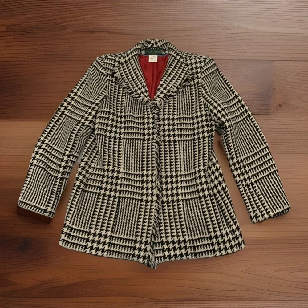 VTG Harve Benard Black White Houndstooth Coat Fringe Front Wool Holiday Money 14 - Picture 1 of 13